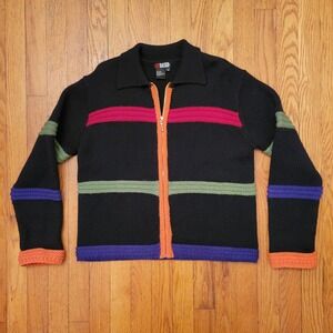 NY Based M Wool Knit Zip Up Cardigan Sweater Striped Colorful Vintage 90s Retro‎